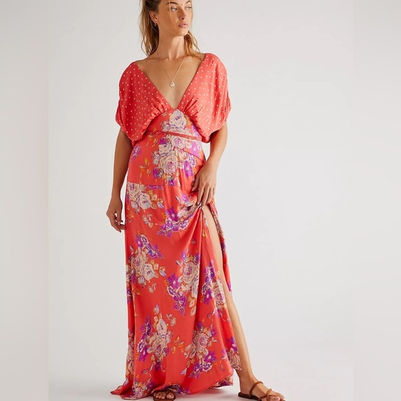 Free People Juniper V Neck Maxi Dress Floral Polka Dot Empire Waist X-LARGE - Picture 1 of 14